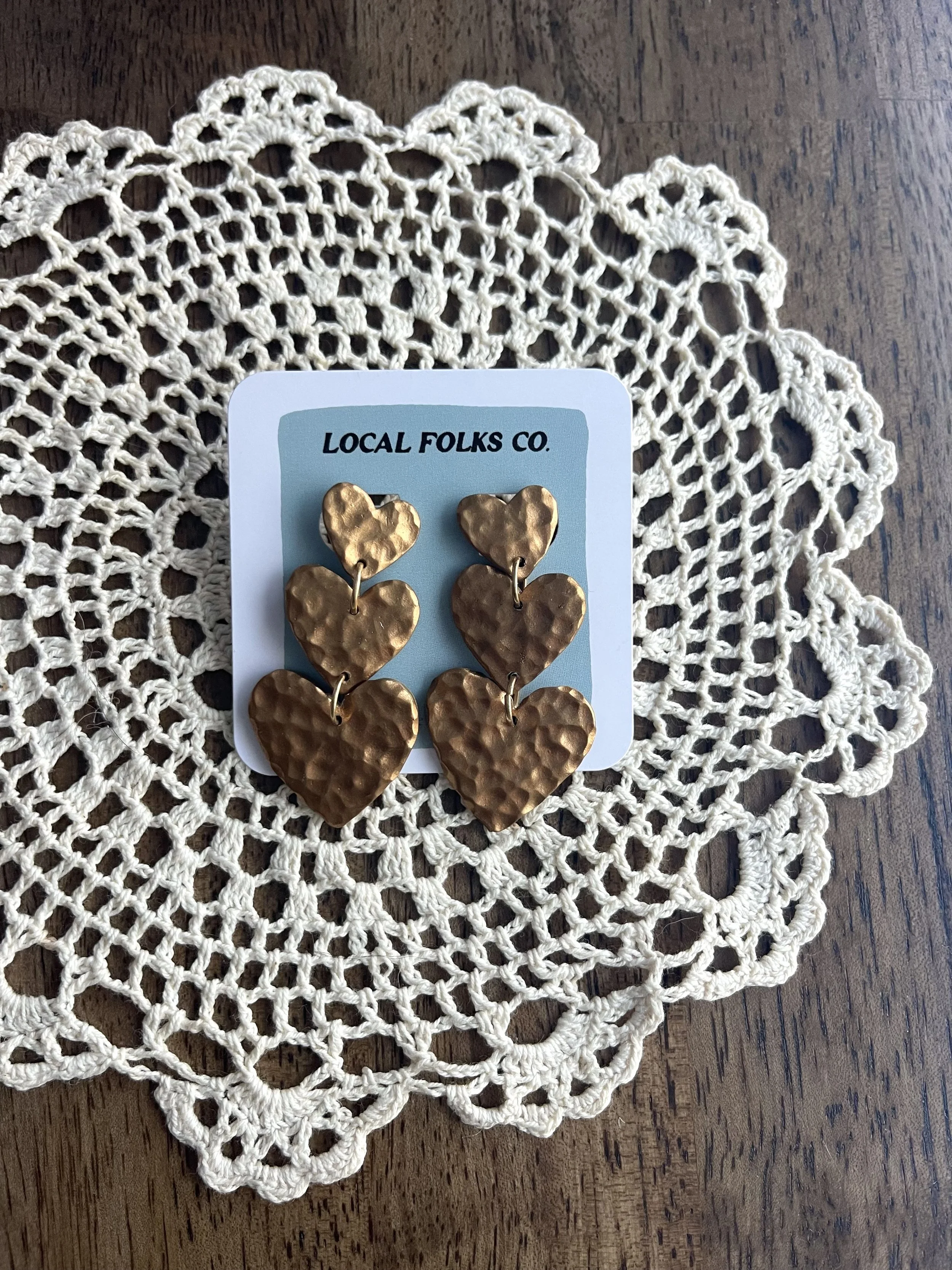 Faux Brass Tiered Heart Dangles