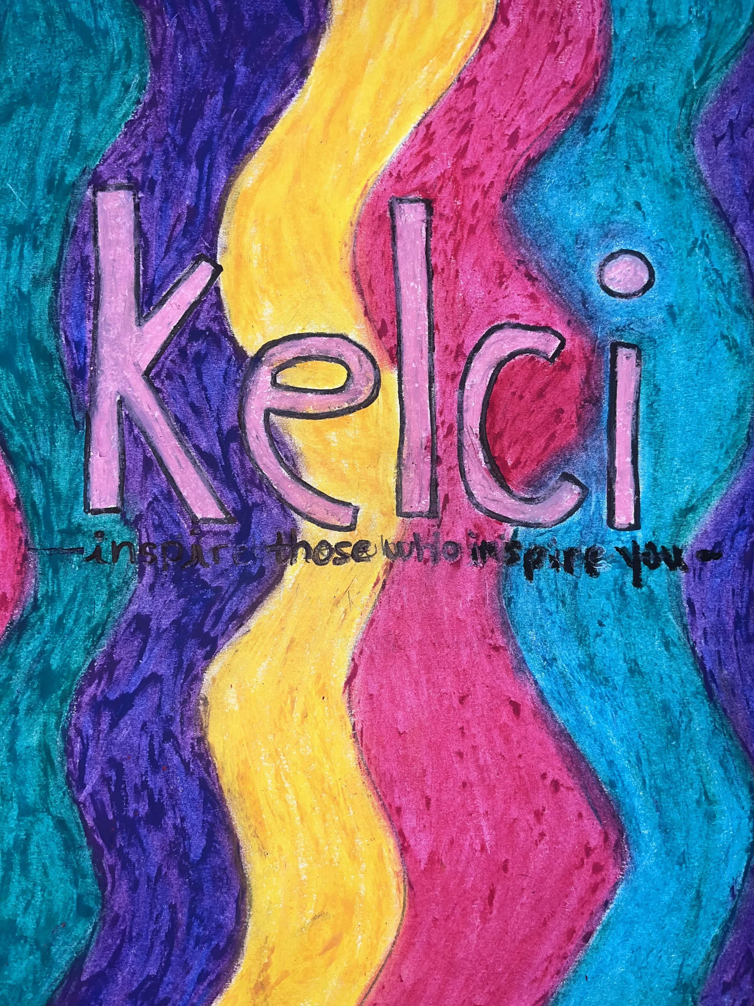 Colorful drawing with wavy stripes in purple, yellow, pink, and blue. The word 'Kei' is written in large pink letters with black outlines. Below, there is a smaller black text that says '- inspire those who inspire you -'.