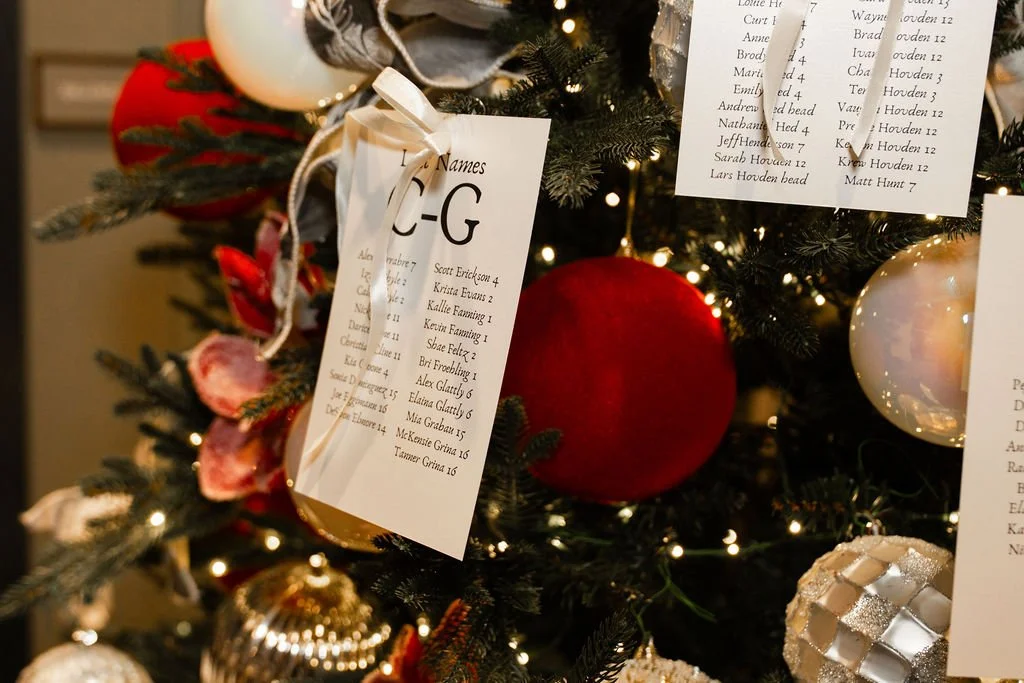 Christmas tree seating chart at Confluence Hotel wedding