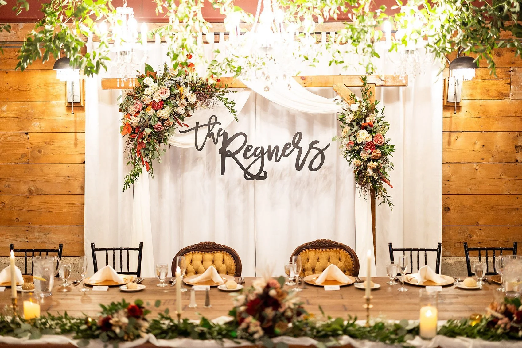 Head table at autumn barn wedding