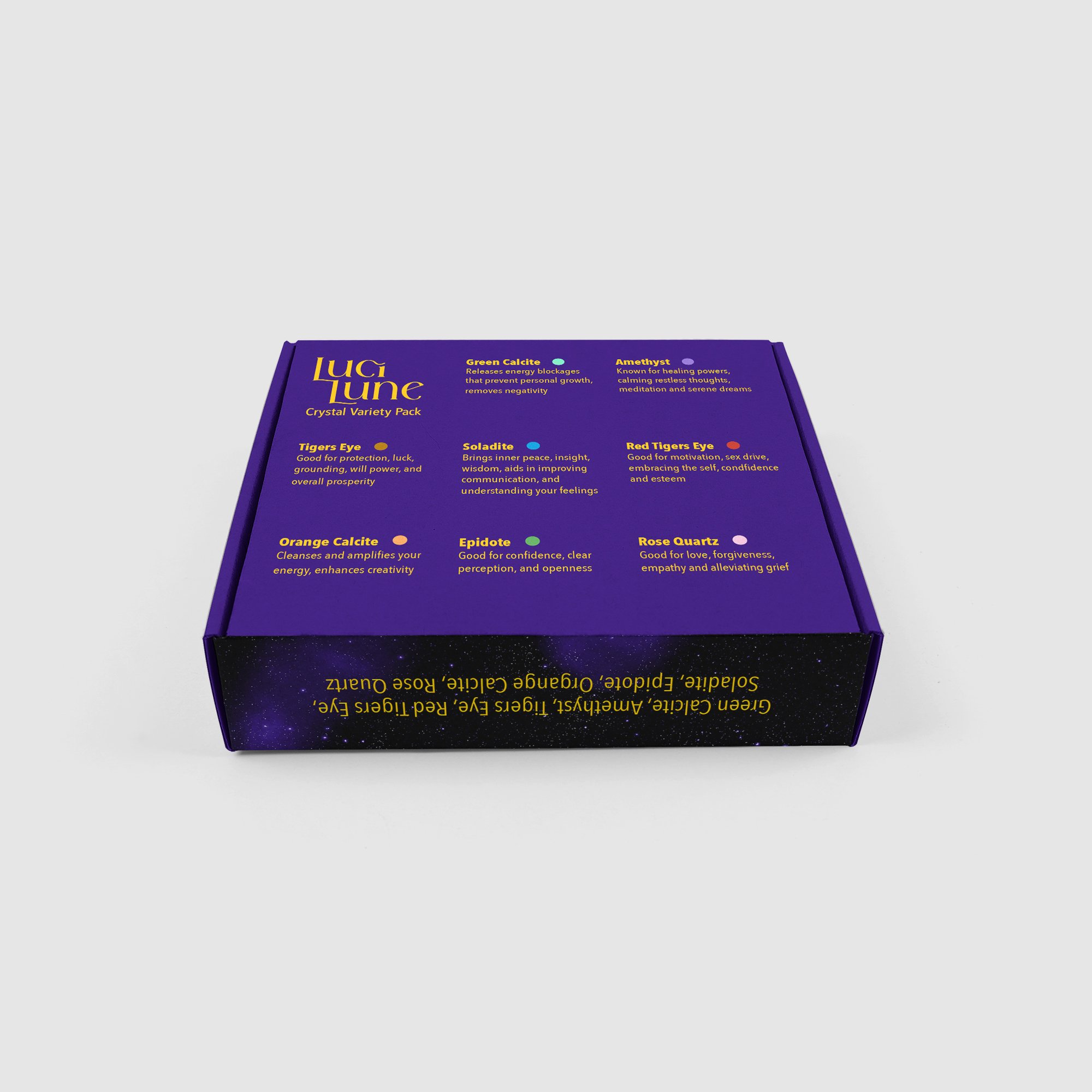 The back of the Crystal variety box has a color coded key to which crystal is which and a description of each crystals properties