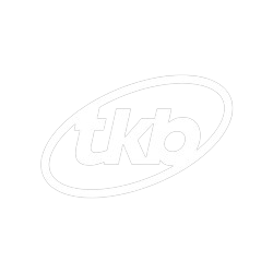 Kickback Foundation logo in white with transparent background. Initals as TKB in lowercase in a oval circle.