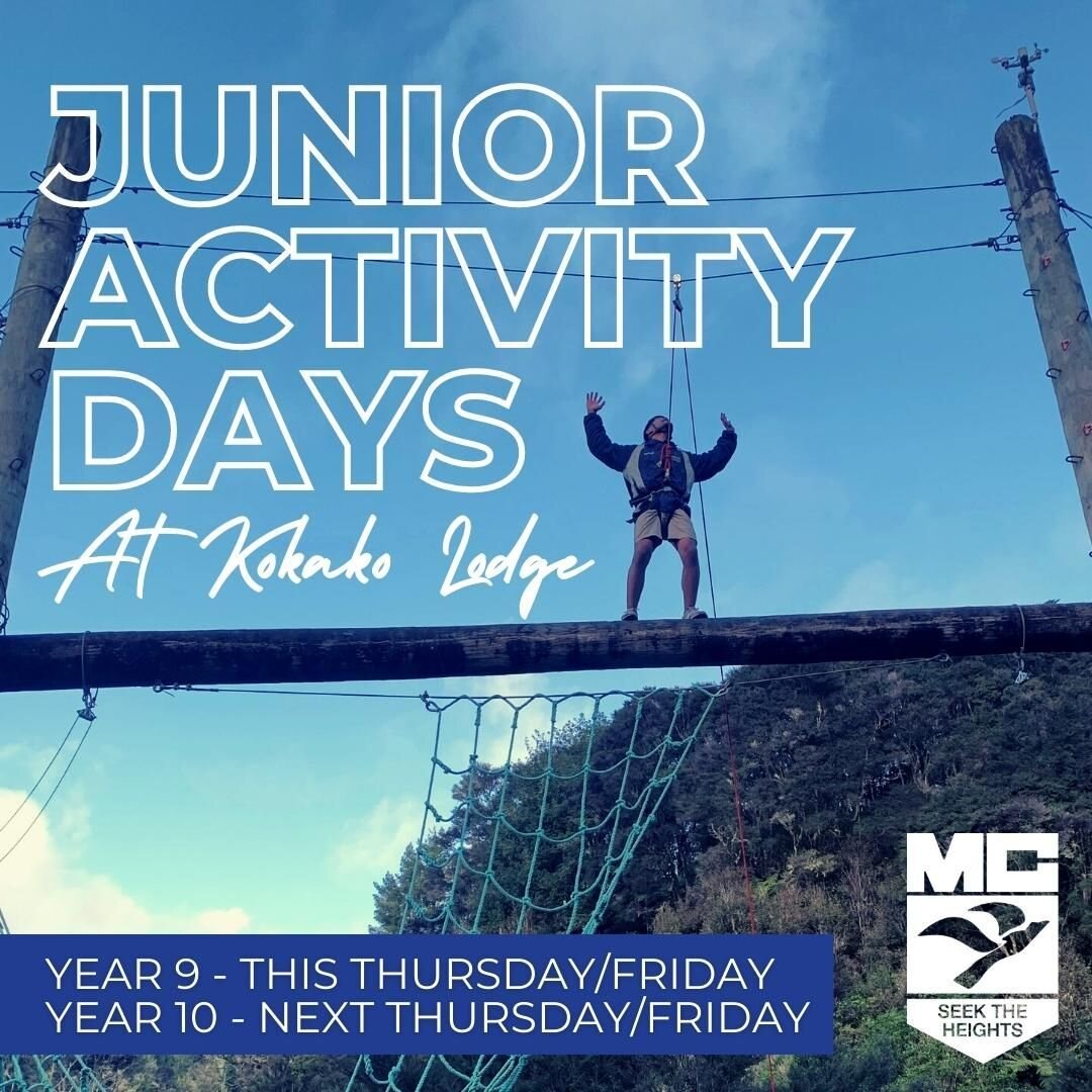 🧗 Junior Activity Days at Kokako Lodge 🧗
Juniors please bring back your permission slips back ASAP to come along to the special activity days at Kokako Lodge this week and next.
Dates:
🧗 Year 9, Thur 1st Sep, Friday 2nd Sept
🧗 Year 10, Thur 8th S