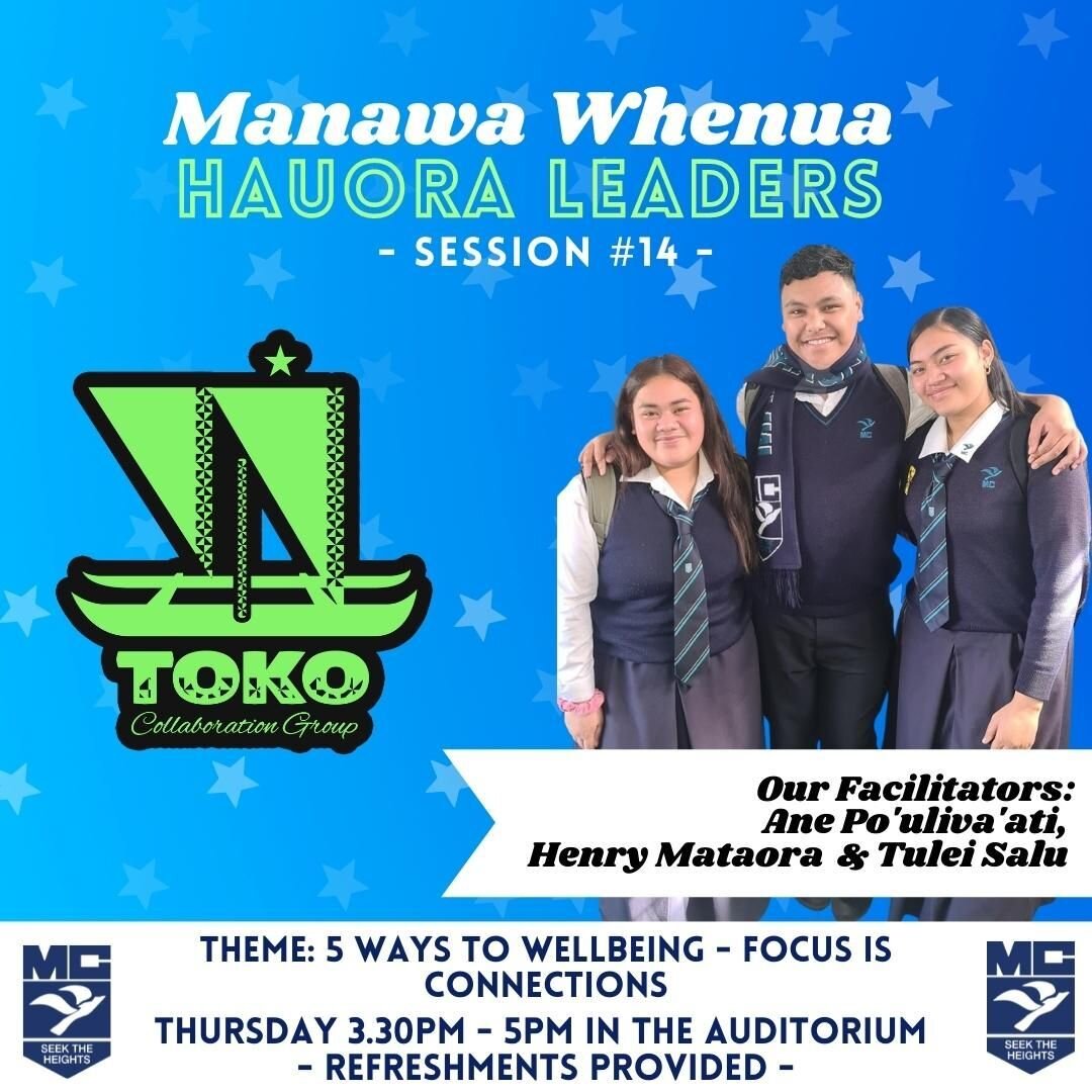 💚 Manawa Whenua Hauora Leaders #14 💚
This week's theme for the Hauora Leaders is &quot;5 Ways to WELLBEING - FOCUS is Connections&quot;.
Plus there will be discussions about the MOH programme and the Senior MWH Leaders Farewell Dinner.
This weeks w