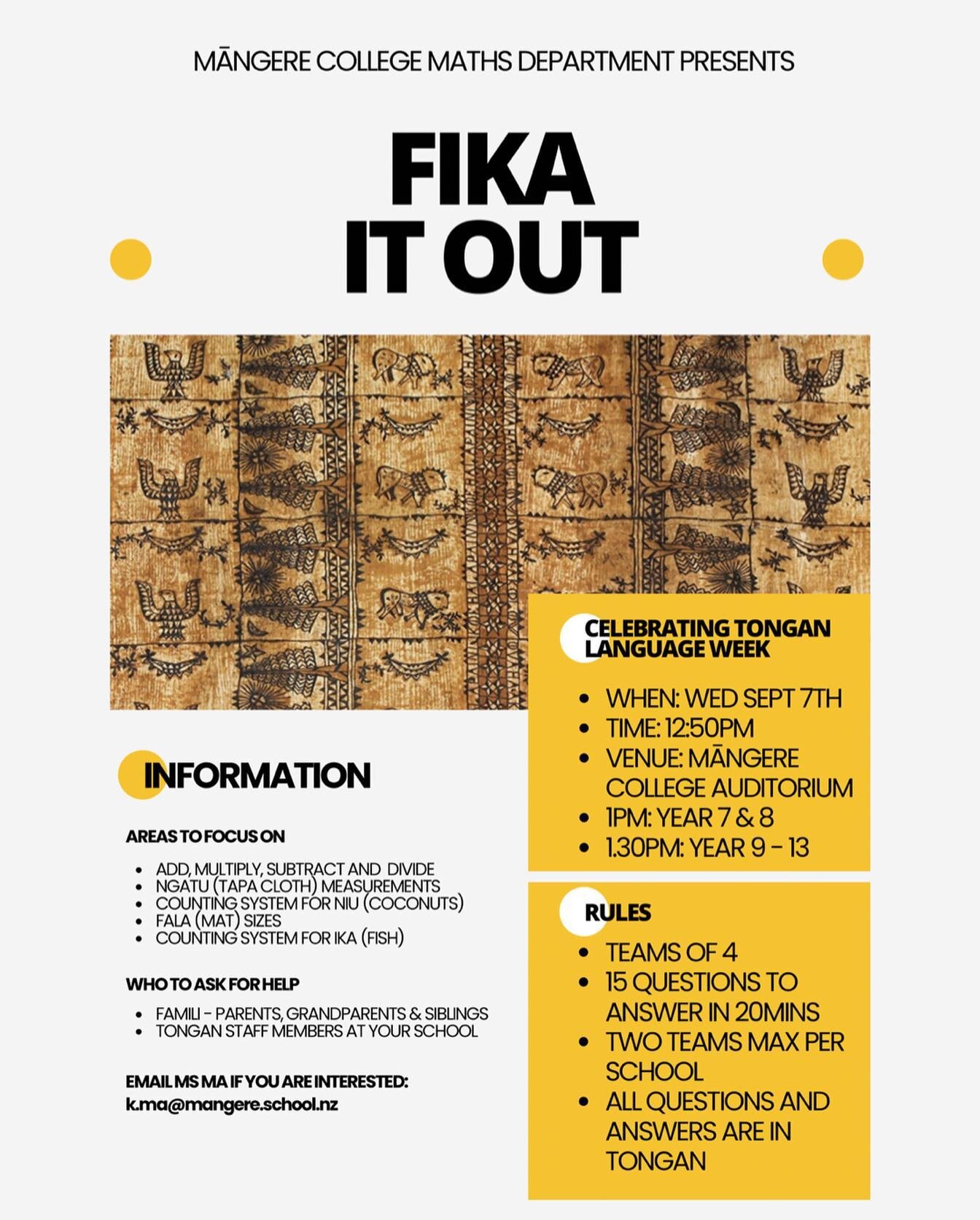 🇹🇴 FIKA IT OUT 🇹🇴
For Tongan Language Week we are hosting a Mathematics Competition on Wednesday. 
All questions and answers will be in Tongan only. 🇹🇴
Schools attending are:
- Viscount Primary School
- Bader Intermediate
- Māngere Central Scho