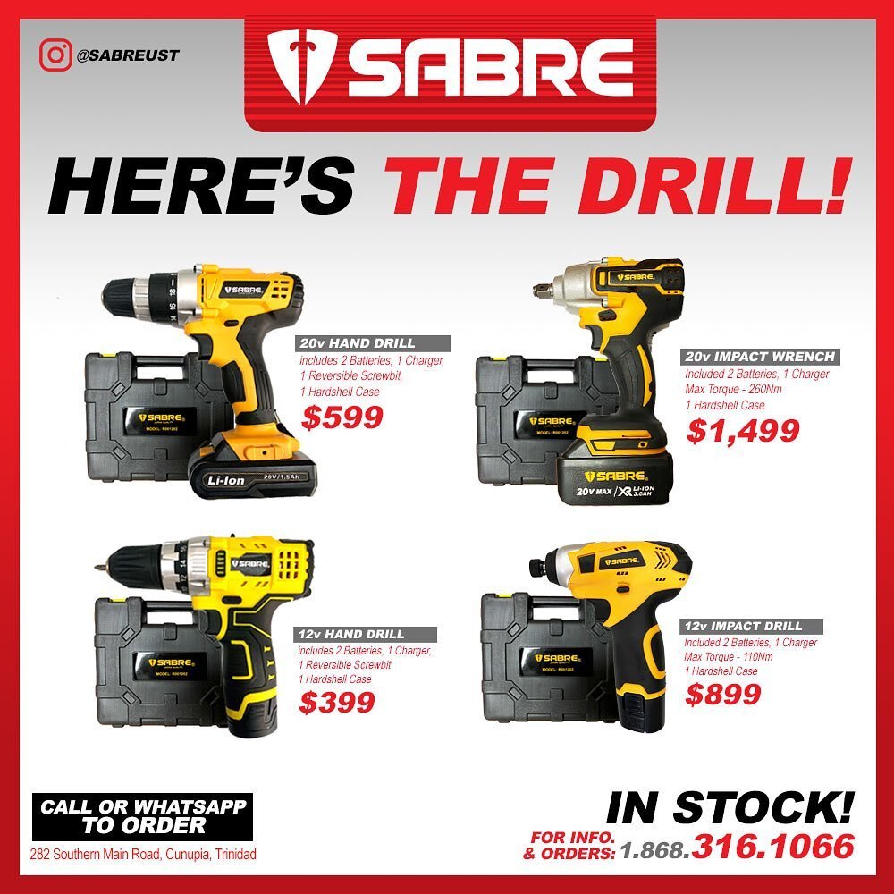 HERE&rsquo;S THE DRILL!

20v HAND DRILL
Includes 2 Batteries, 1 Charger
1 Reversible Screwbit
1 Hardshell Case
 - $599.00

12v HAND DRILL
Includes 2 Batteries, 1 Charger
1 Reversible Screwbit
1 Hardshell Case
 - $399.00
 20v IMPACT WRENCH DRILL
Inclu