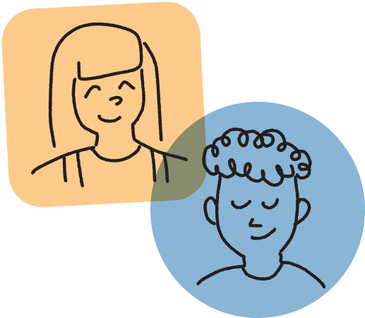 Two overlapping shapes that have illustrations of happy students