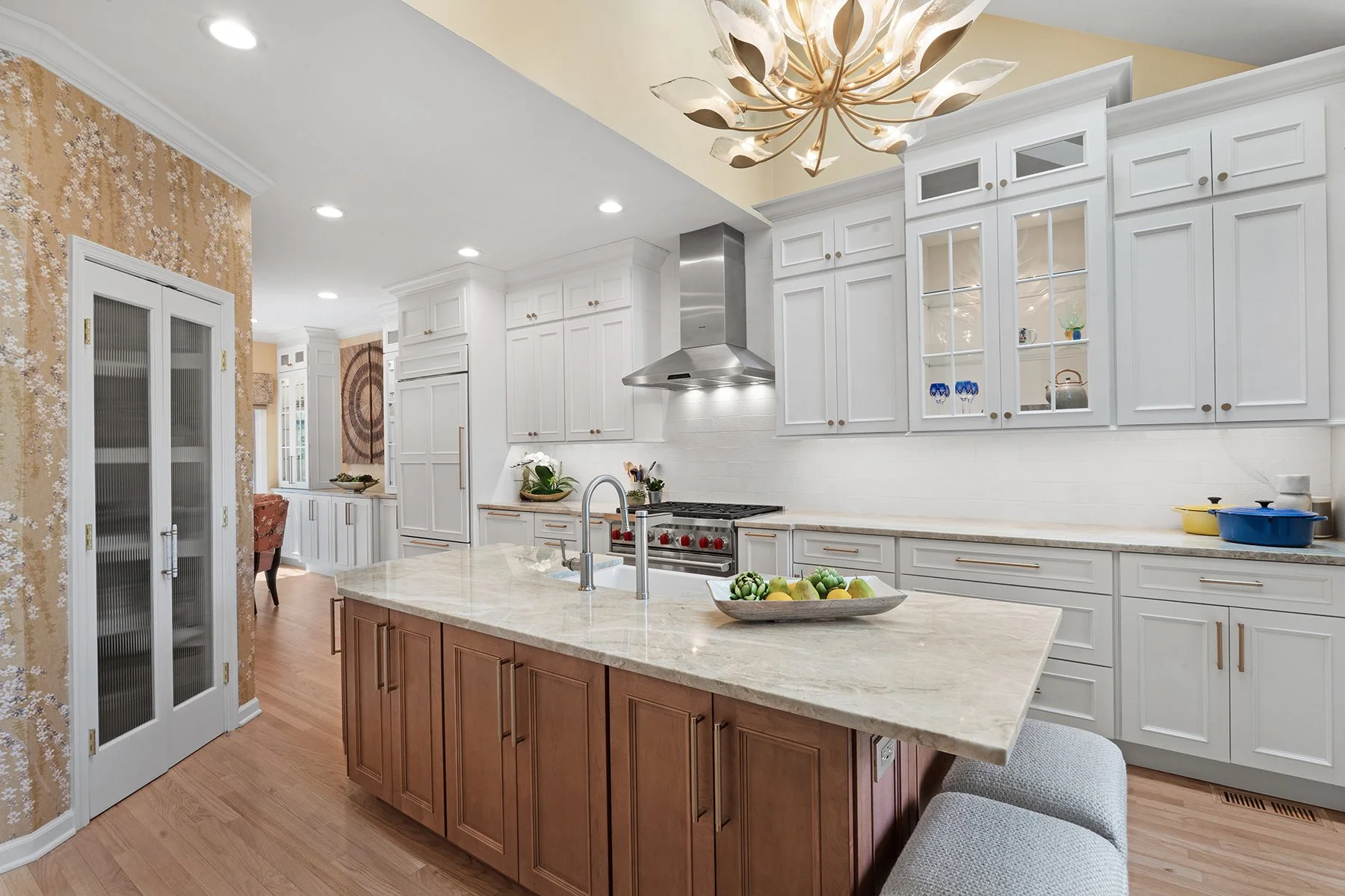 Counter stools were customized for comfortable seating at the lower-height island