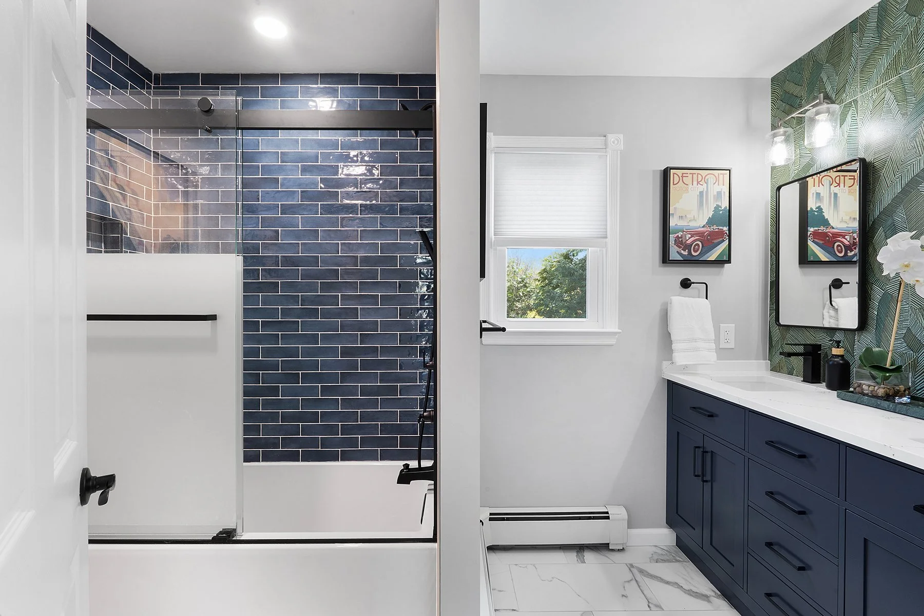 12" x 24" floor tiles minimize grout lines and allow for easier maintenance