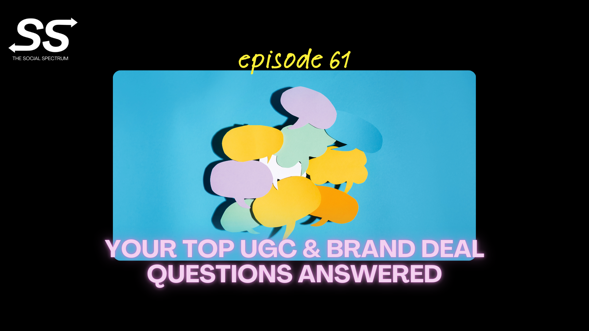 A teal backdrop with paper cut-outs of different colored thought and text bubbles