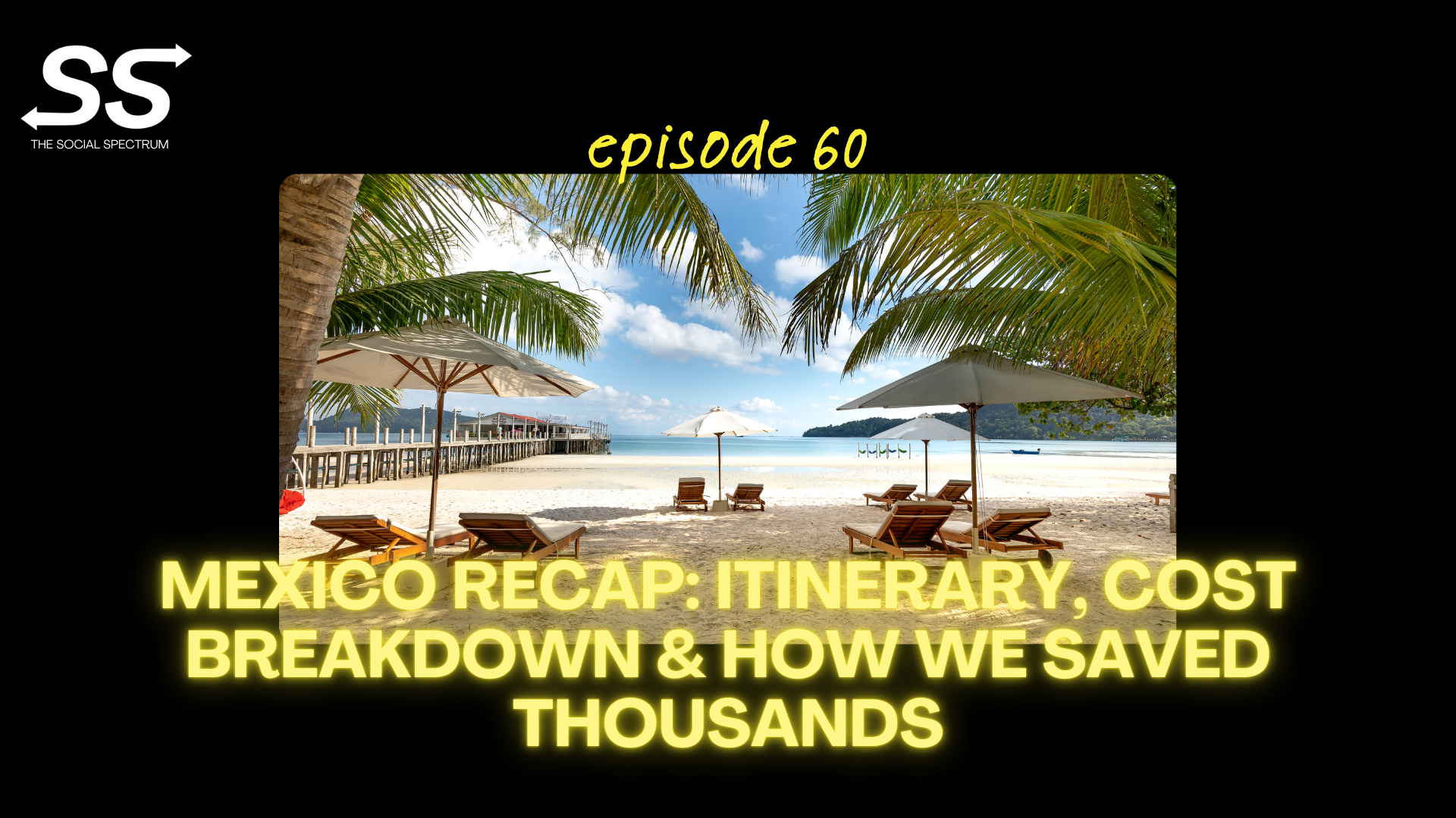 A view of a beach from between palm trees, with beach chairs and umbrellas scattered around