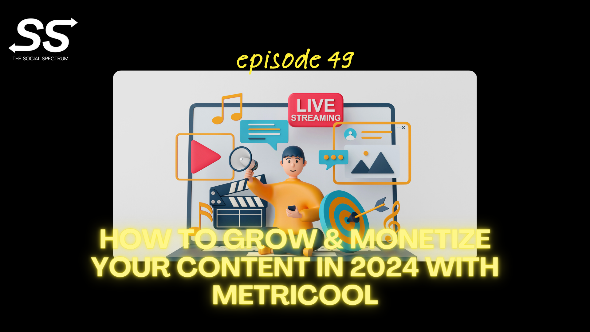 A clip art graphic of a man sitting in front of a laptop screen, with various social media and streaming symbols covering the background