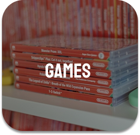 Stack of Nintendo Switch games with the word 'GAMES' overlayed in white text.