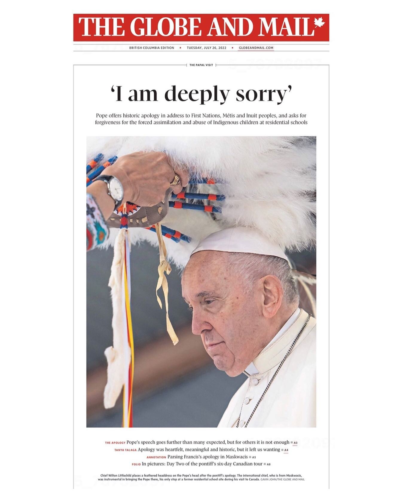A historic photo by @gjohnjournalism of Chief Wilton Littlechild placing a feathered headdress on the Pope after the pontiff&rsquo;s apology at a former residential school site. Gavin was a mentee in our program last year. He is a proud member of the