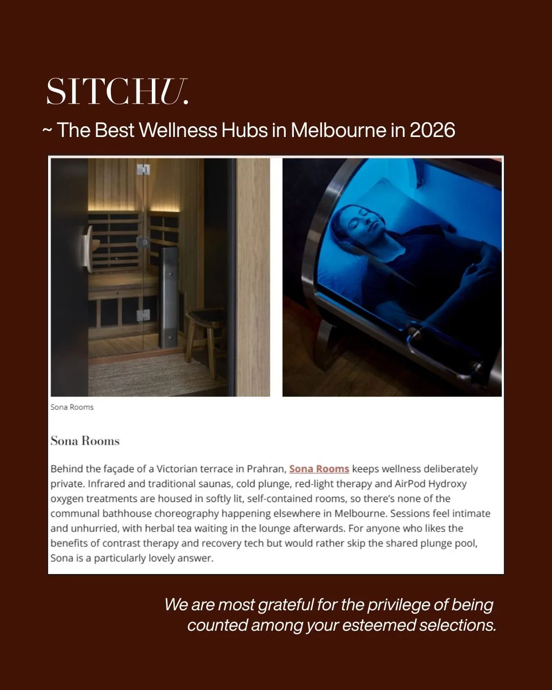 We are truly honoured to be included among Melbourne&rsquo;s finest wellness destinations in your 2026 guide @sitchu.melbourne 

To be featured alongside such an inspiring collection of spaces is a privilege we do not take lightly. Thank you for this