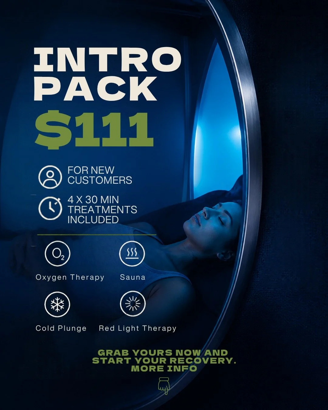 New to our studio? Here's what's waiting for you.

Sauna. Cold plunge. Oxygen therapy. Red light therapy. All four recovery treatments, all under one roof &mdash; so you can move from heat to cold to restoration without ever leaving the studio.

And 