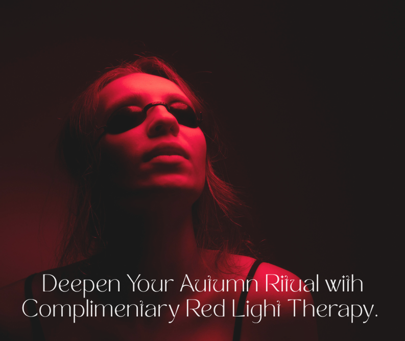 A woman with closed eyes and wearing sunglasses in a dark room illuminated by red light, with text promoting Red Light Therapy.