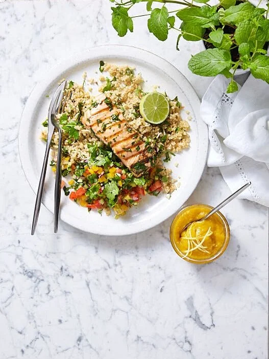 GRILLED LIME SALMON   Served on a bed of coconut infused rice and avocado salsa,  dressed with a mango purée.    View  all meals  or  create a plan