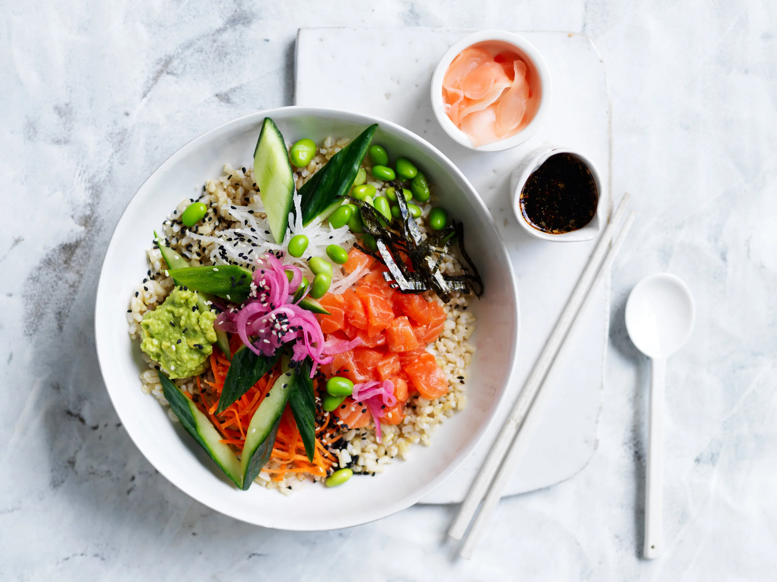 KING SALMON SUSHI BOWL   Fresh sashimi-grade king salmon   served with house-made wasabi, brown rice and fresh ginger.    View  all meals  or  create a plan