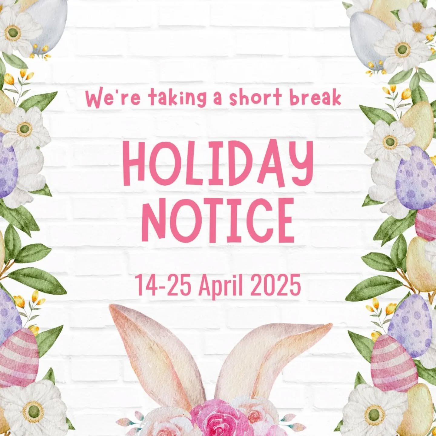 🐰 HOLIDAY BREAK 🩷 We'll be closed for a short break to spend time with our kiddies over the school holidays. All orders received during this time will be processed when we return. Local pick up will recommence from Monday 28th April ☺️