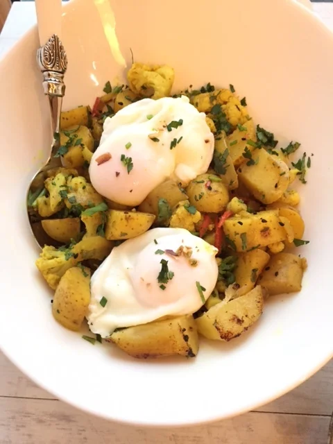Spiced Cauliflower and Potato with Poached Eggs