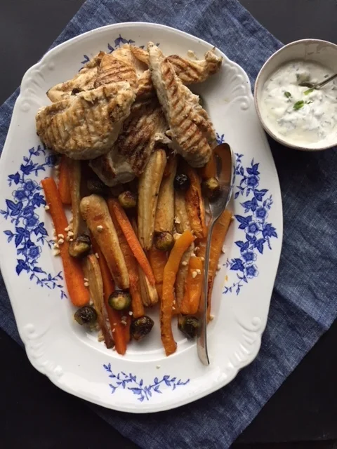 Roast Winter Veg with Honey and Cardamom and Chicken 