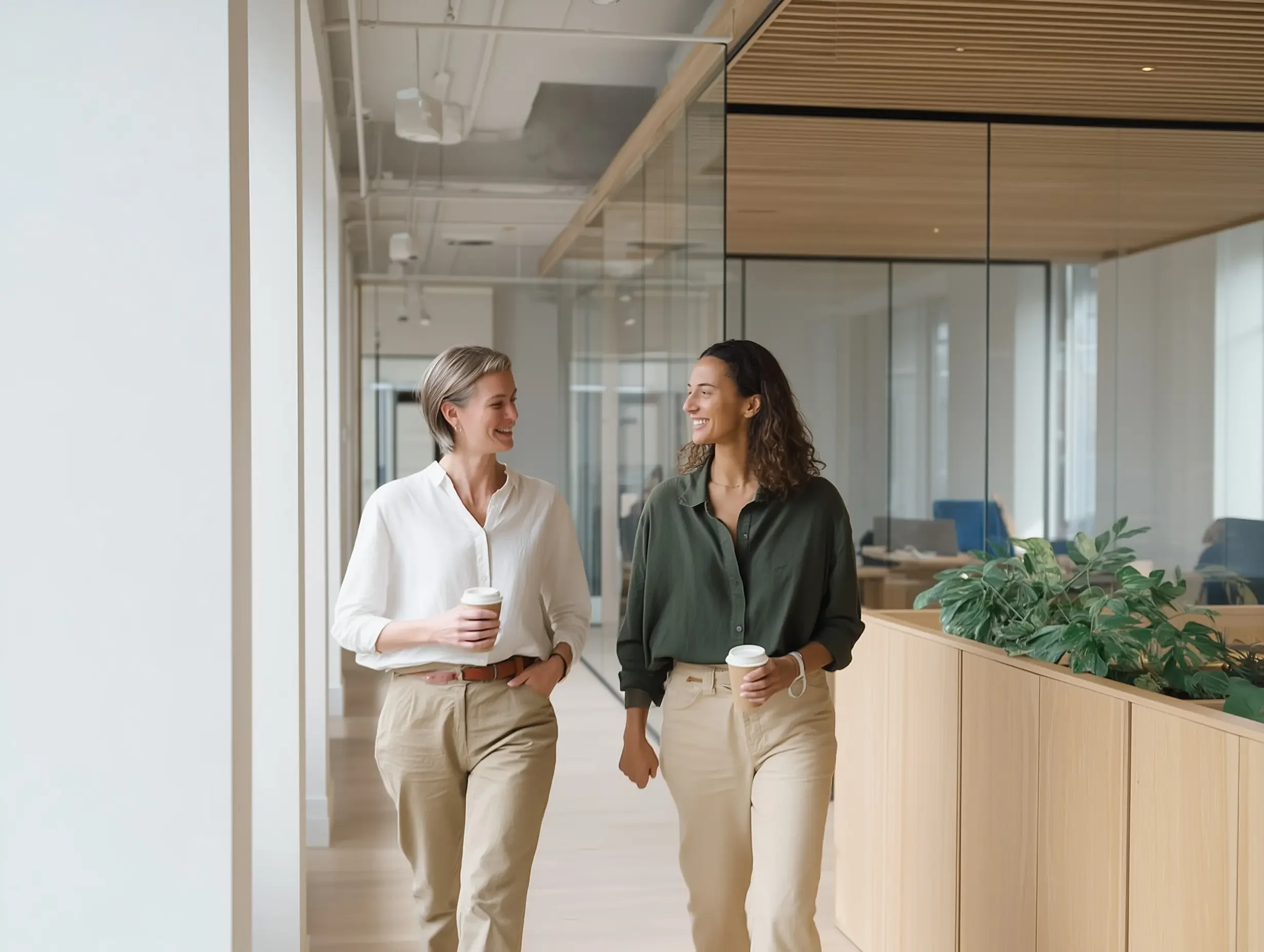 Två kvinnliga kollegor i samtal i modern nordisk kontorsmiljö med fokus på kvinnohälsa, arbetsmiljö och välmående på jobbet