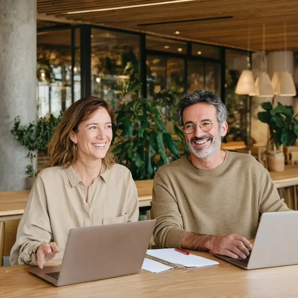 Kollegor som samarbetar vid laptop i modern nordisk kontorsmiljö med fokus på arbetsmiljö, engagemang och välmående