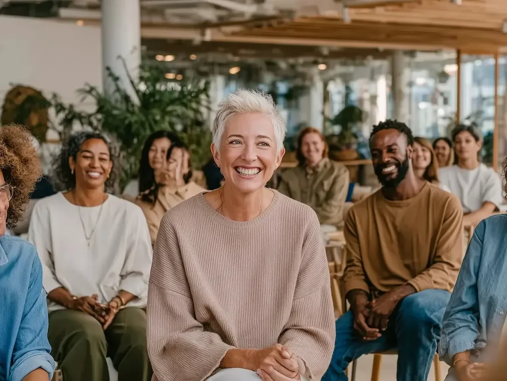 Grupp av engagerade medarbetare i en modern nordisk kontorsmiljö med växter, sittandes och lyssnande med leenden under en workshop om välmående och arbetsplatskultur