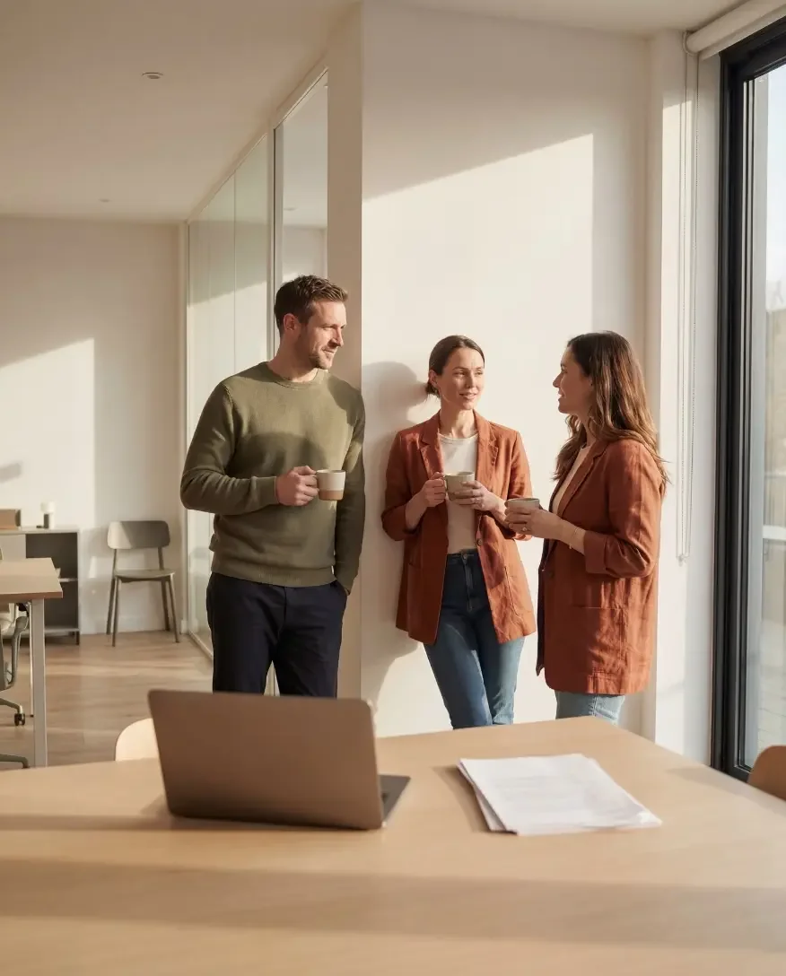 Kollegor i samtal i modern nordisk kontorsmiljö med fokus på arbetsmiljö, välmående och engagemang på arbetsplatsen