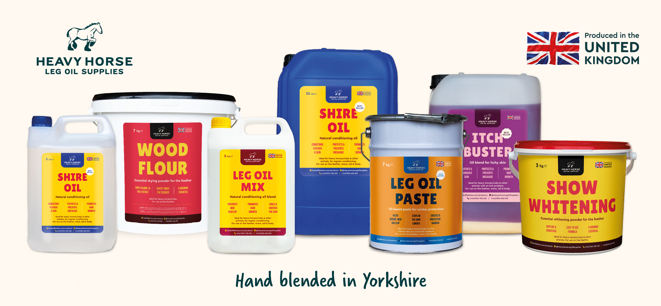 Custom affordable label graphic design for a collection of equestrian products in bottles and buckets, such as oils and supplements for horses, produced in the United Kingdom.