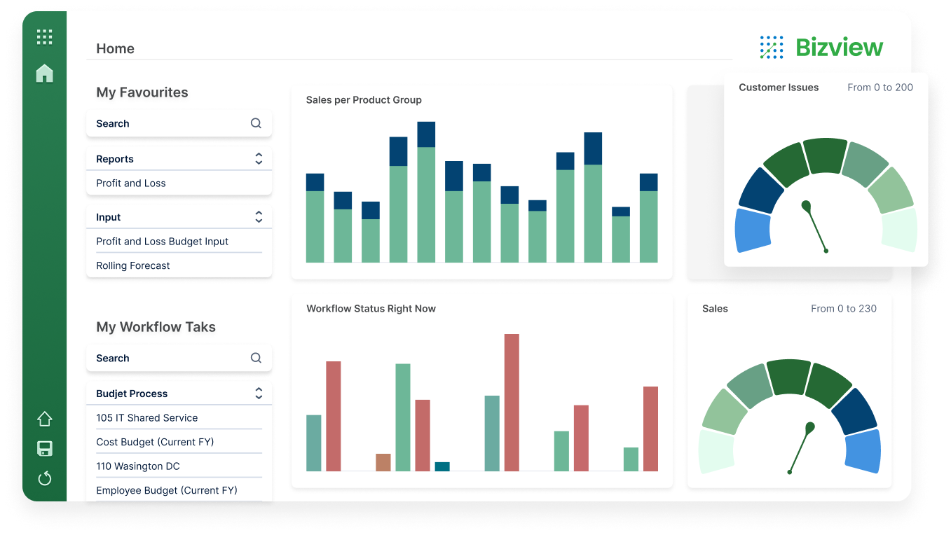 Business dashboard displaying various charts and reports, including sales per product group, workflow status, customer issues gauge, and sales gauge, with menus on the left and the Bizview logo at the top right.