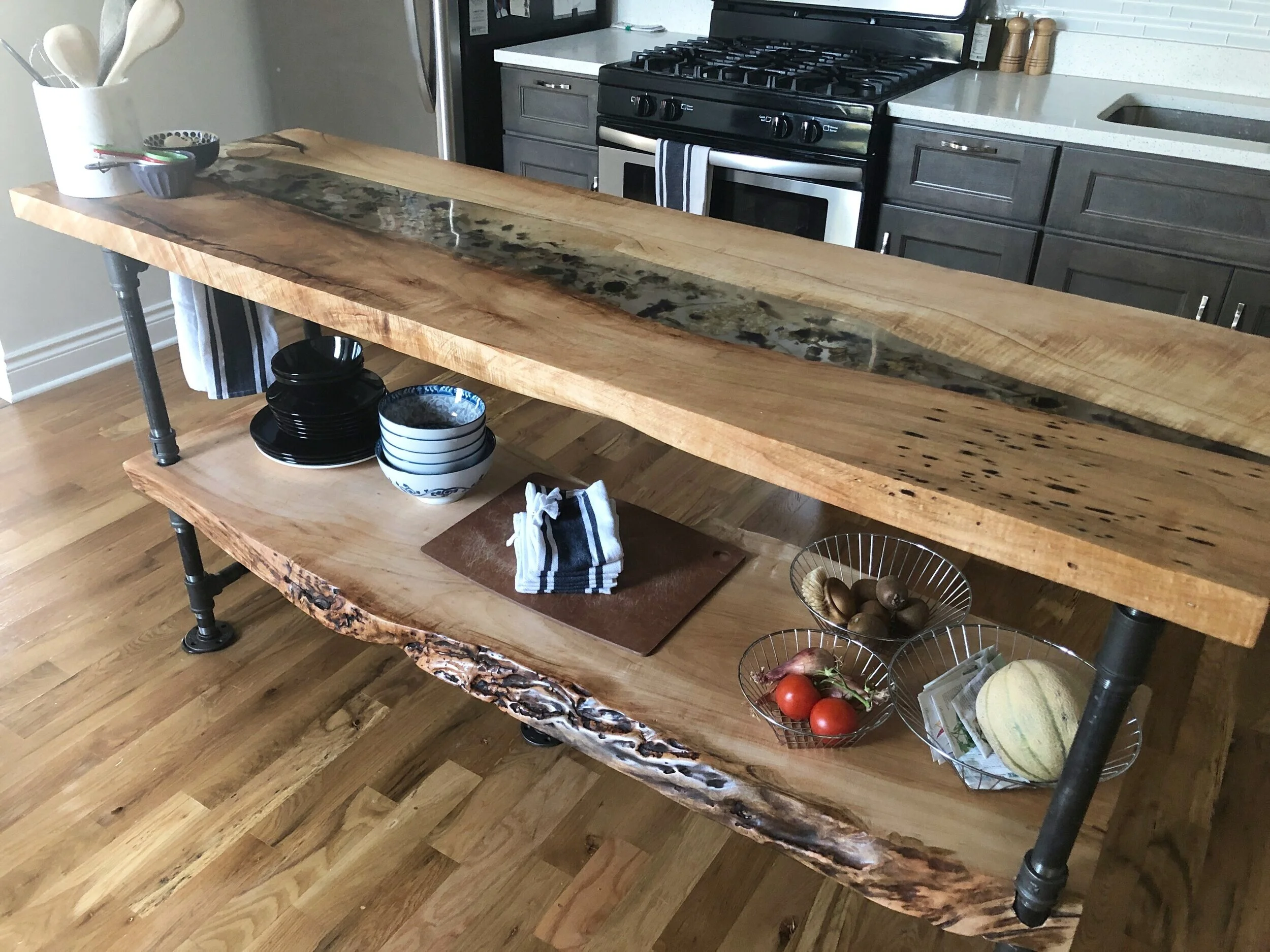 River Table Kitchen Island w/ Flower Inlay 