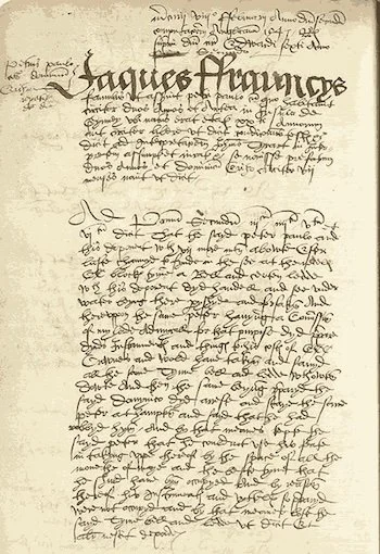 Clipping of maunscript with hand-written record of Jacques' testimony