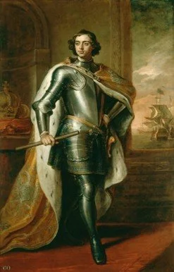 A portrait of a clean shaven Tsar Peter I in armour