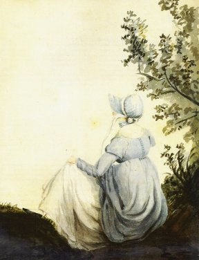 Watercolour painting of Jane Austen sat on a hill in a blue dress with her back to us.