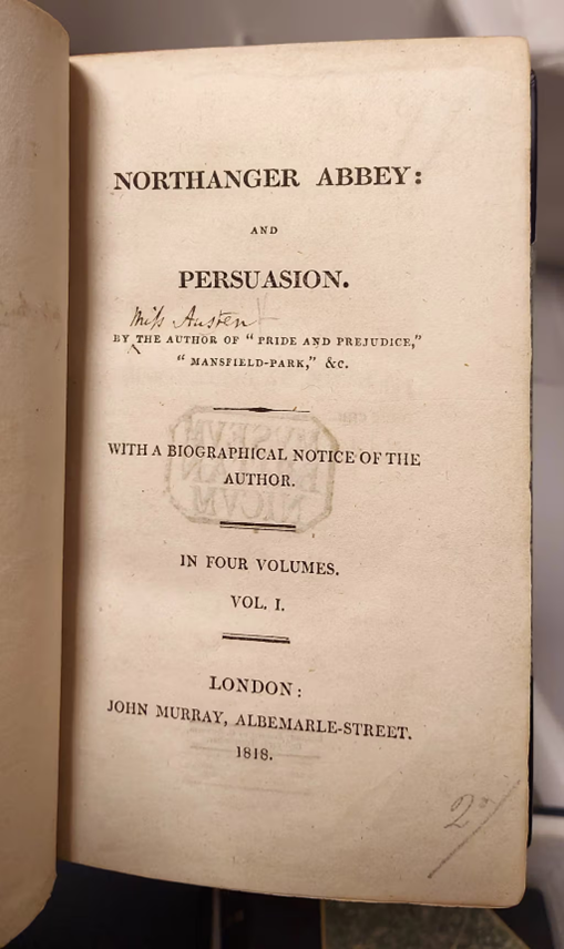 Title page of Northanger Abbey: and Persuasion, with an amendment by an owner to credit Jane Austen as the author.