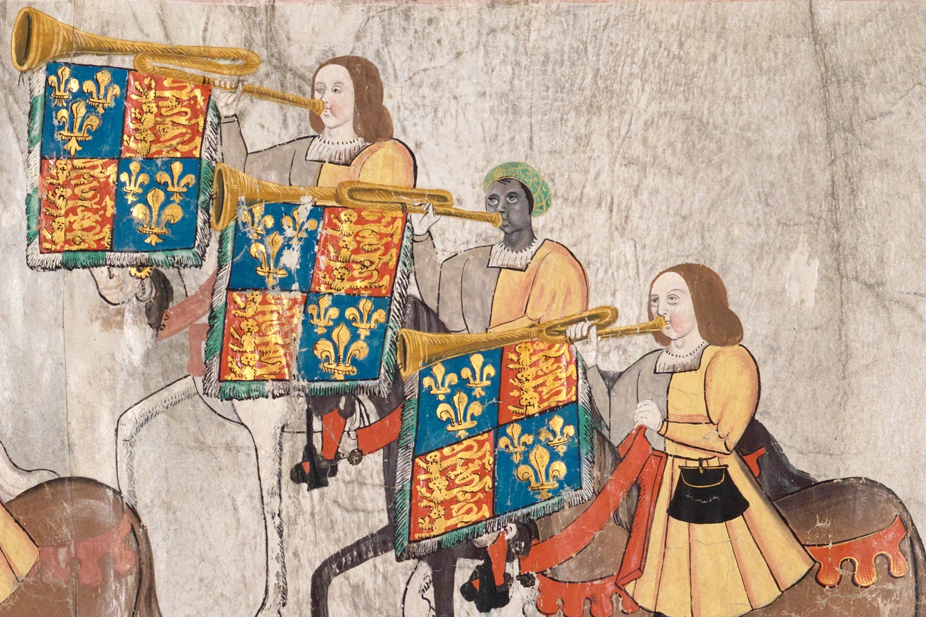 Manuscript painting of trumpeters on horses, one of whom is John Blanke