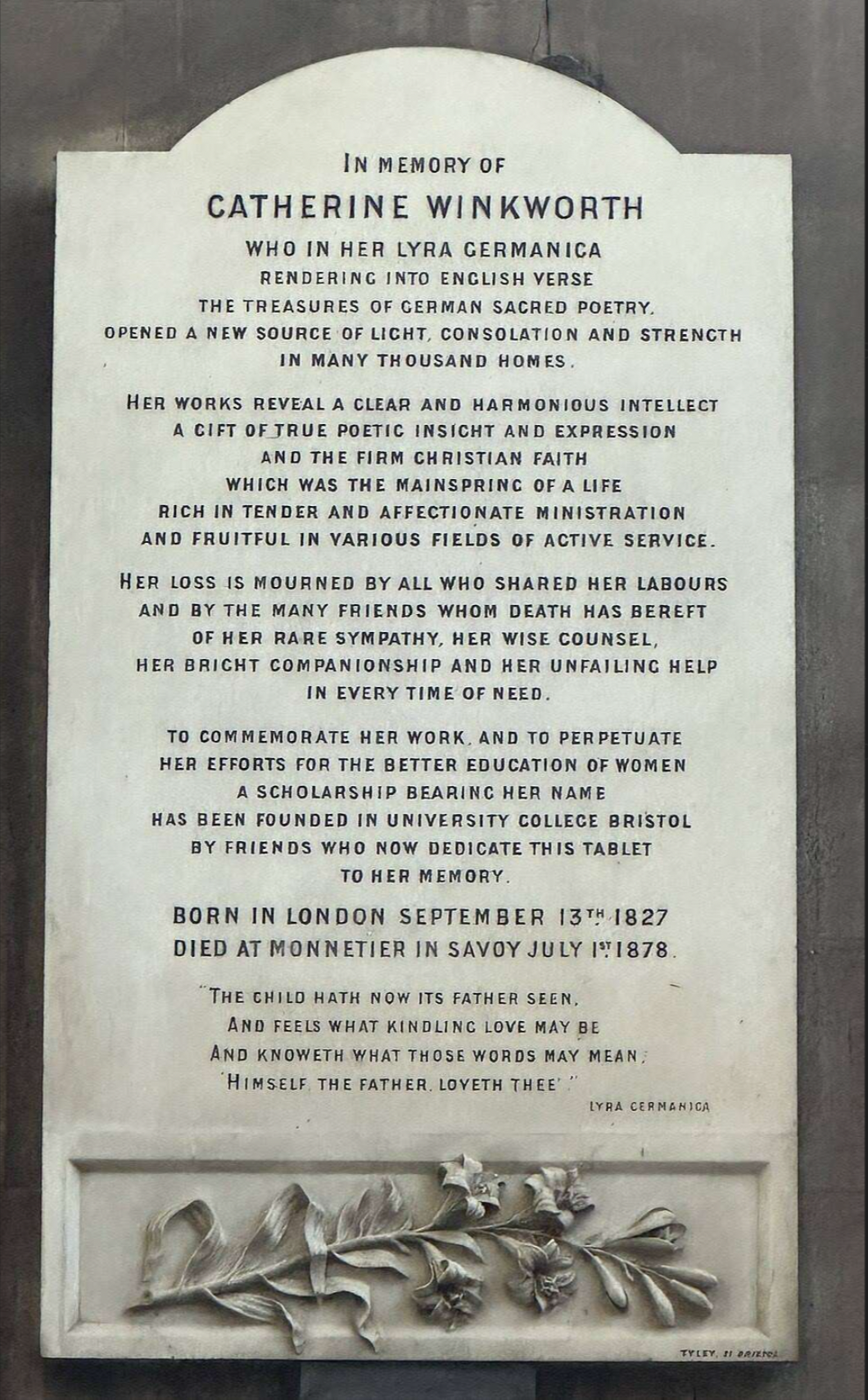 Memorial tablet of Catherine Winkworth with inscription