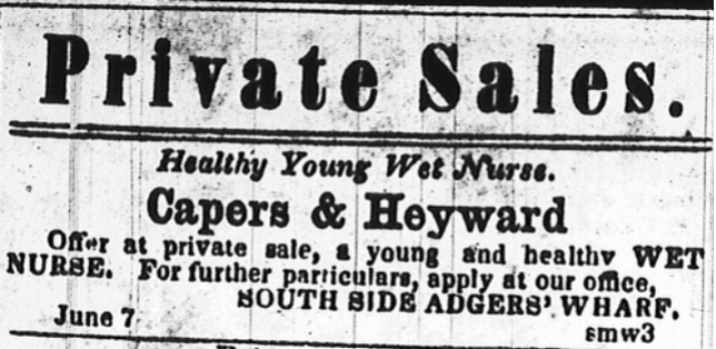 Black and white newspaper clipping advertising a wet nurse for sale