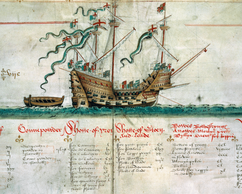 Old manuscript drawing of the Mary Rose sailing
