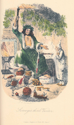 A green giant sits in front of a fireplace addressing a man in a nightgown and cap