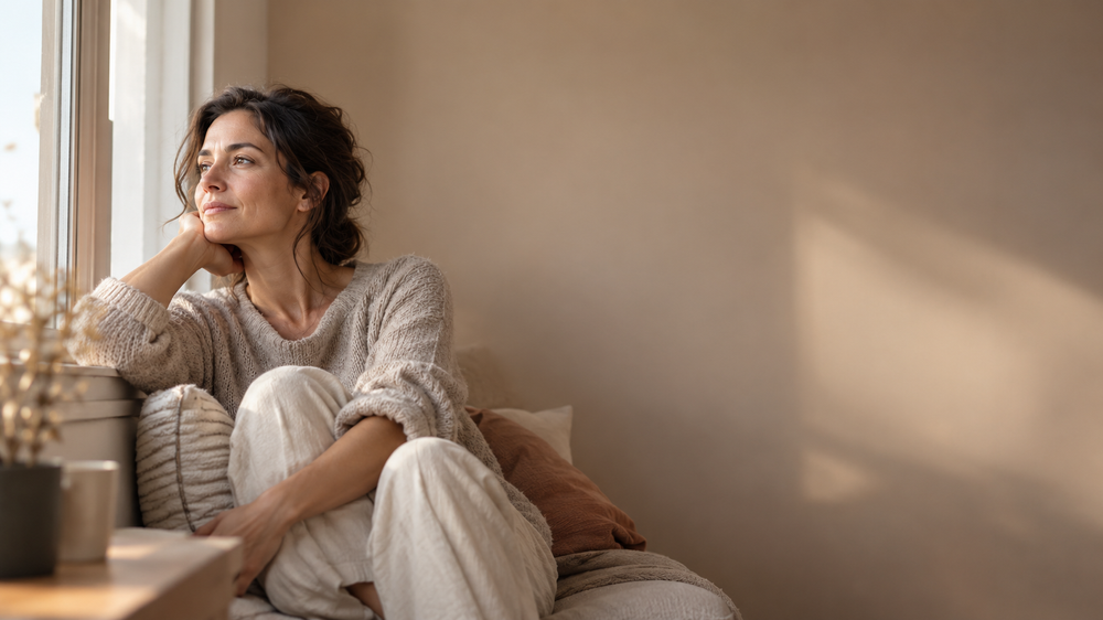 Una mujer junto a una ventana, en un momento de reflexión