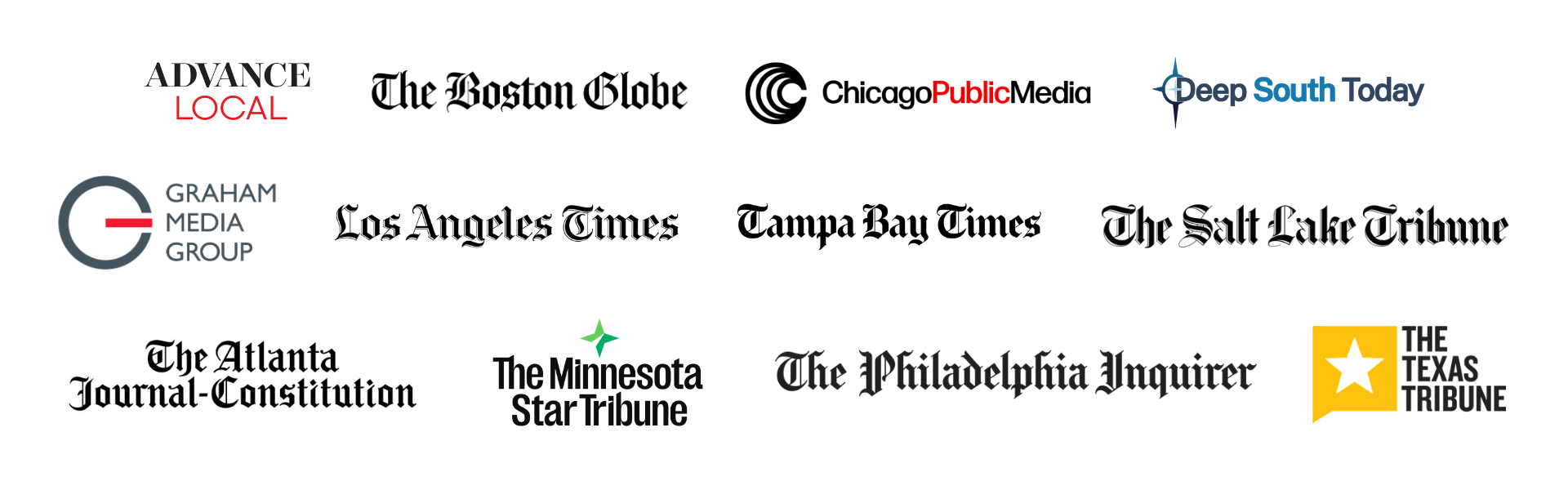 Advance Local, Boston Globe, Chicago Public Media, Deep South Today, Graham Media Group, Los Angeles Times, Tampa Bay Times, Salt Lake Tribune, The Atlanta Journal-Constitution, The Minnesota Star Tribune. The Philadelphia Inquirer, The Texas Tribune