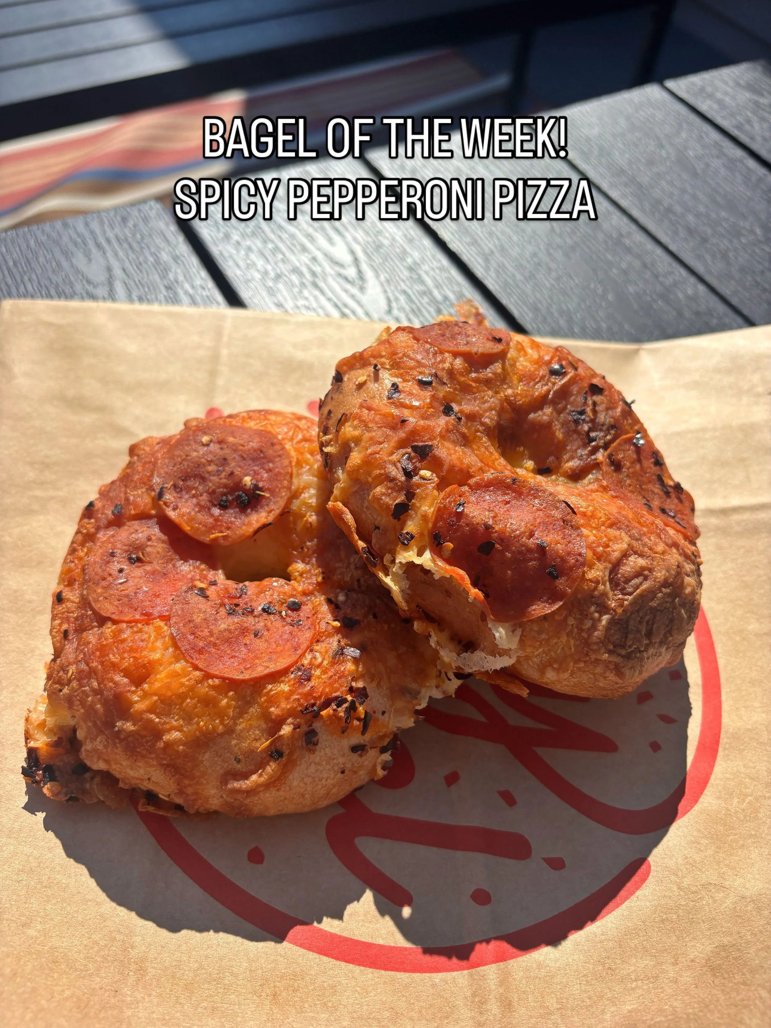 Spicy Pepperoni Pizza Bagel! Chili paste &amp; roasted tomato sourdough, lots of cheese, pepperonis, and chili flakes! This week only! This one will go quick! 🍕🥯🌶️
