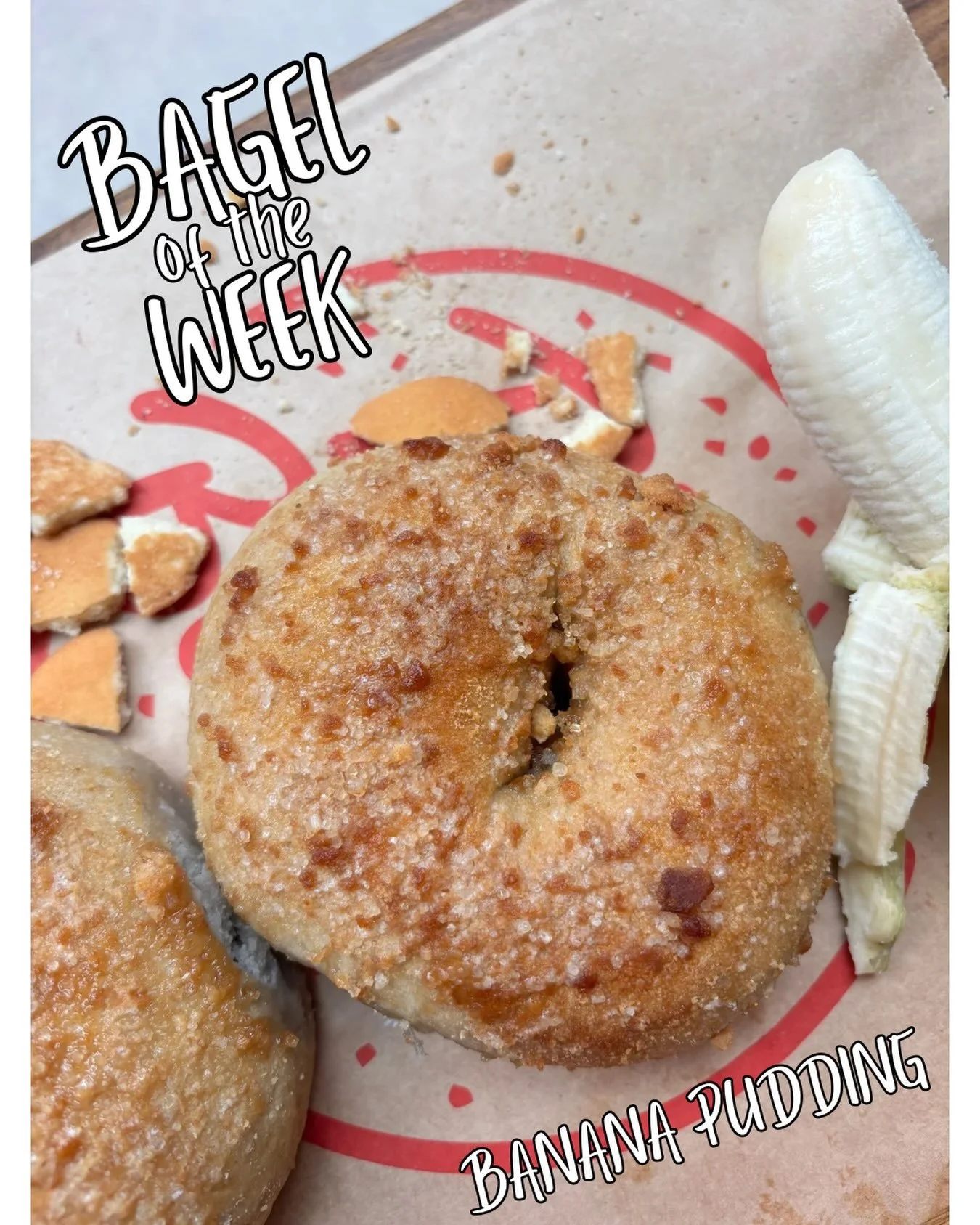 Banana Pudding Bagel! 🍌🥯 Banana sourdough topped with caramelized vanilla wafer crumble! This week only!