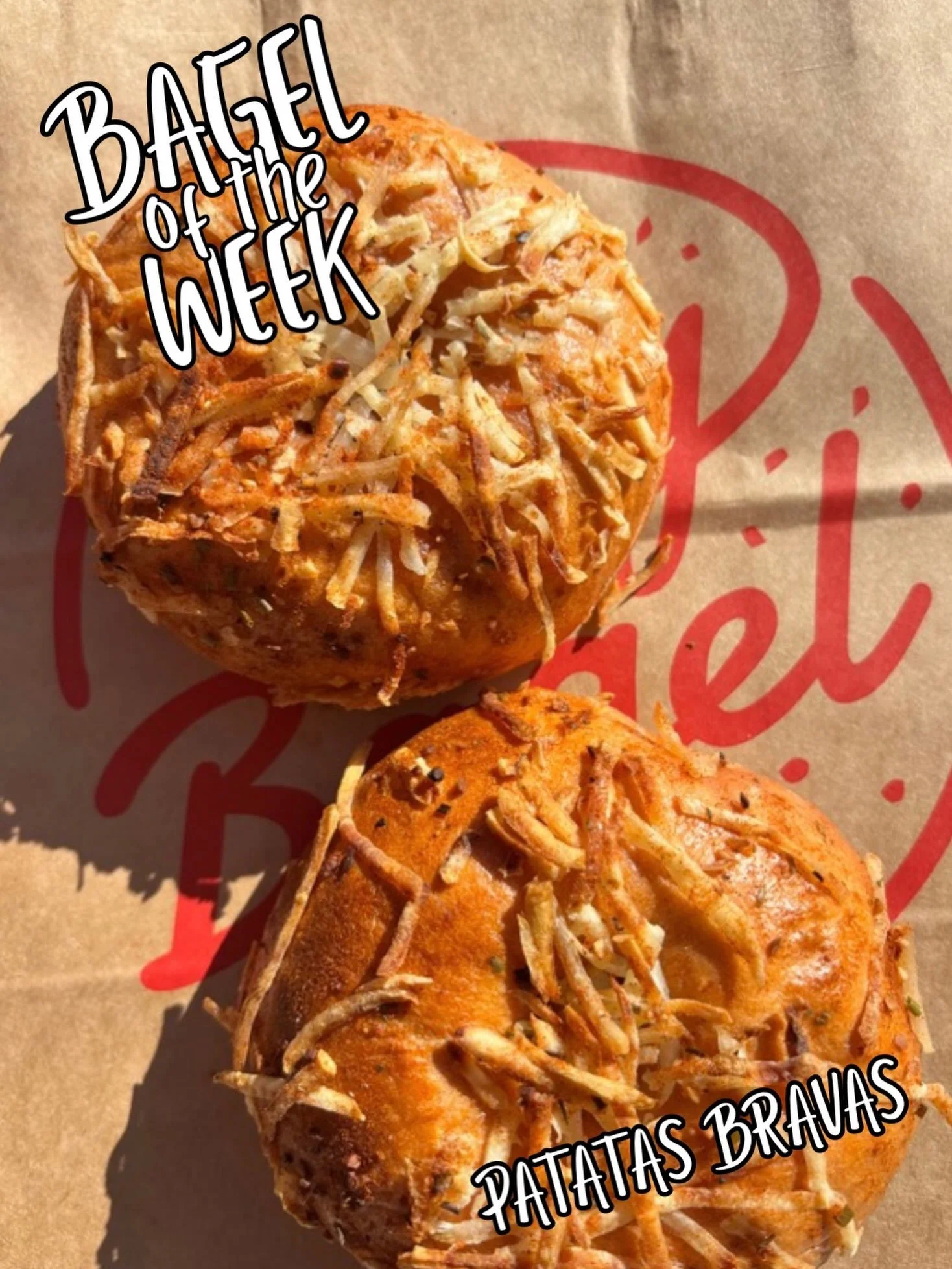 Patatas Bravas bagel! We took the classic Spanish tapas dish and turned it into a bagel! Chili tomato sourdough topped with potatoes and garlic &amp; herb seasoning! This week only!