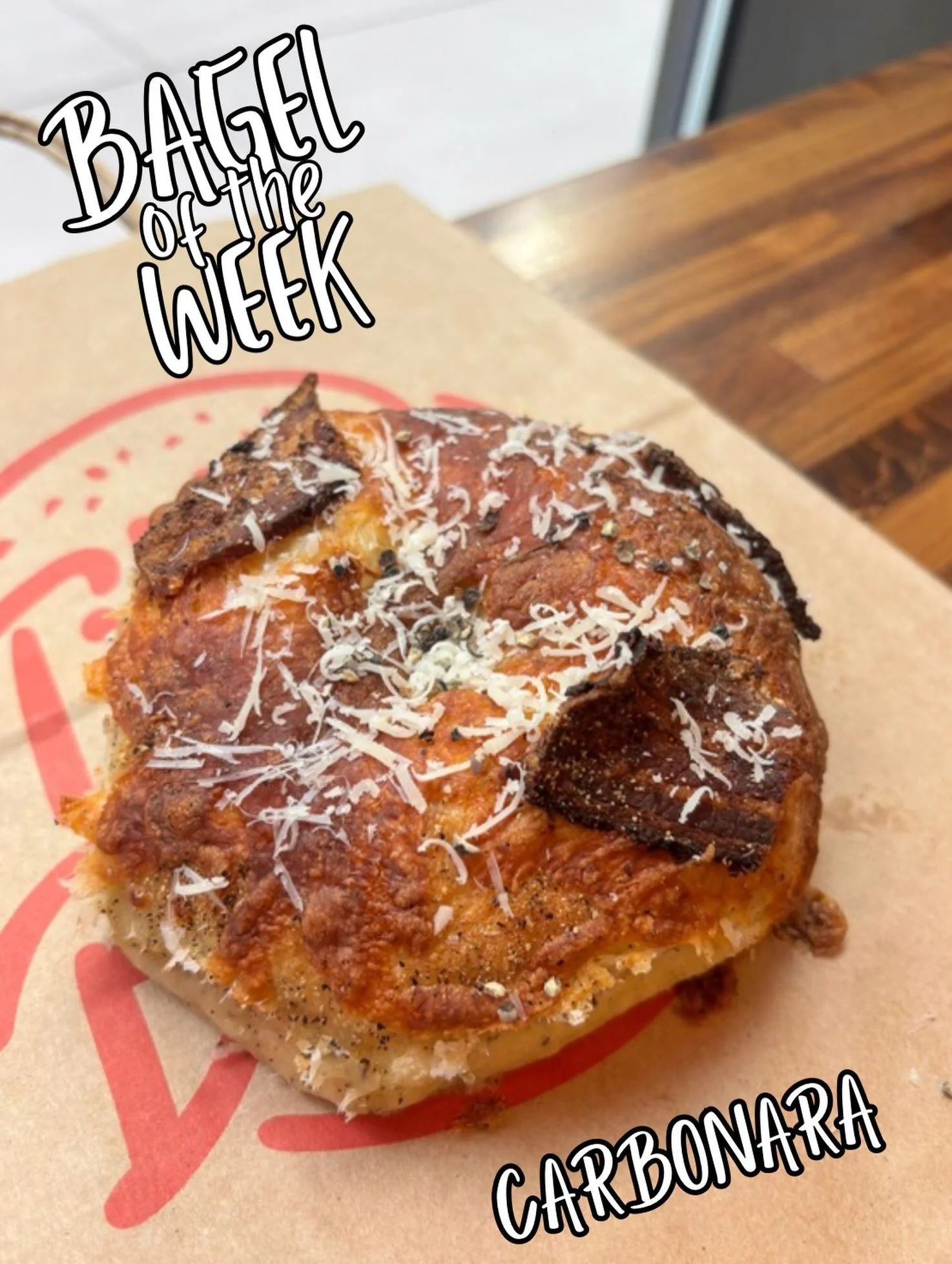 Carbonara! 🍝🥯 Egg bagel with black pepper, topped with cheese, bacon and cracked black pepper! This week only!