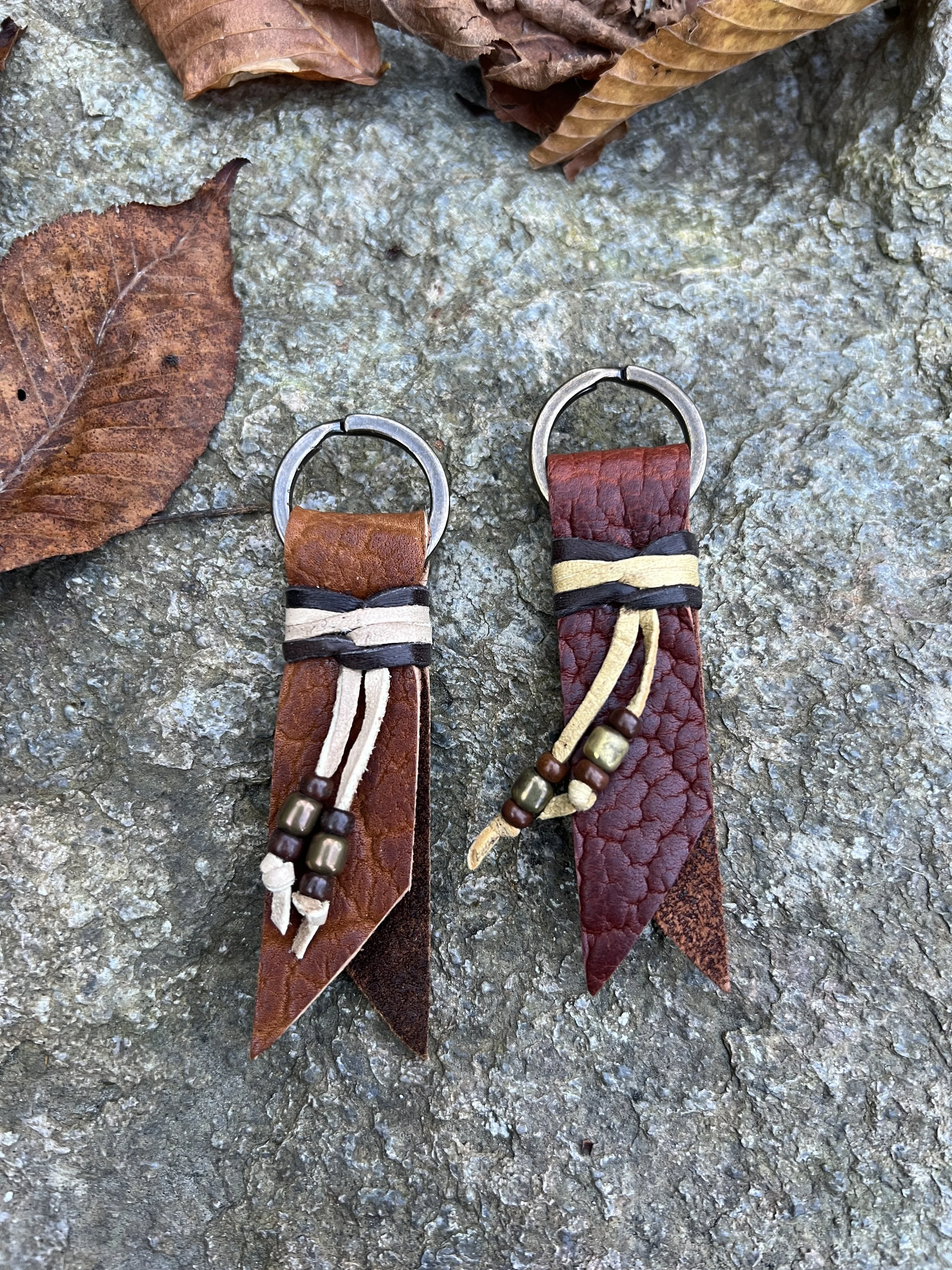THIS Set of 2 - Buffalo Keychains with Two-Tone Deerskin Wrap