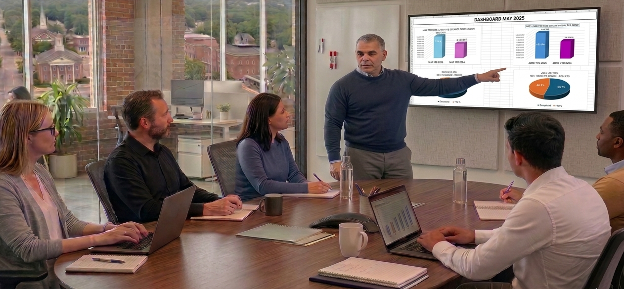 Mark Weinman, CPA presenting data on a large digital screen to a business meeting in a conference room.